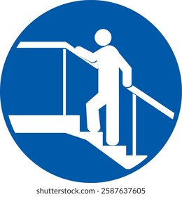 person walking up the stairs while holding the handrail, safety measure, prevent falls, proper handrail use