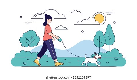 A person walking their dog in a park on a sunny day with trees and clouds in the background