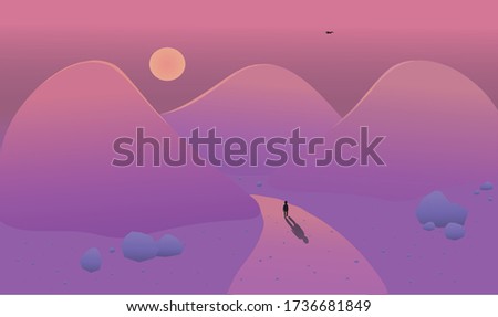 A person is walking through the desert to his goal at dusk.