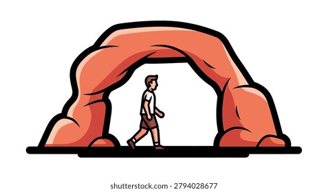 Person walking through large rock formation