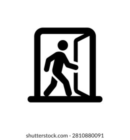 Person walking through open door exit icon with emergency, building