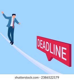 a person walking a tightrope towards a deadline, a metaphor for a deadline. Simple flat conceptual illustration.