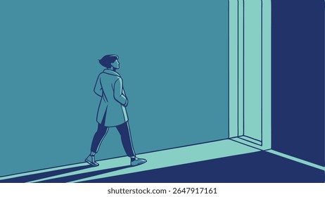 Person walking towards a bright opening, symbolizing new beginnings, hope, and future opportunities. Minimalist blue vector illustration.