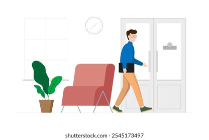 Person walking towards a glass door holding a laptop, with modern office elements, creating a professional environment. Flat vector illustration isolated on white background.