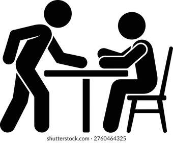 A person walking towards someone seated at a table in a casual meeting scenario