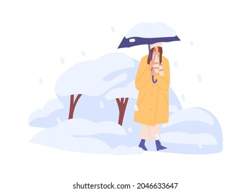 Person walking under umbrella in snowfall in cold winter weather. Woman going in frost with snowflakes, snowbanks and trees covered with snow. Flat vector illustration isolated on white background