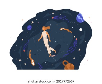 Person walking in unknown space, exploring and discovering mysteries. Concept of studying new. Woman wading through universe and searching smth. Flat vector illustration isolated on white background