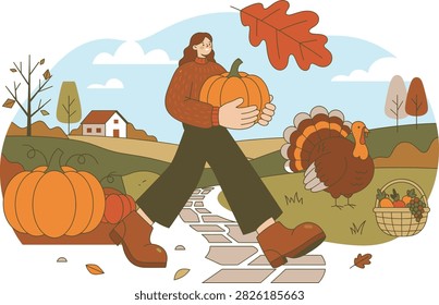A person walks along a stone path carrying a large pumpkin, with a turkey and a basket of produce nearby. The scene depicts a harvest or autumn theme with a house and trees in the background.