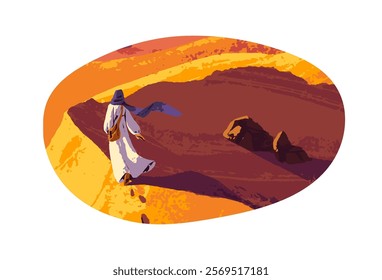 Person walks in desert alone. Character is in dune landscape, wilderness nature scenery. Bedouin goes away, stays footprints on sand back view. Flat isolated vector illustration on white background