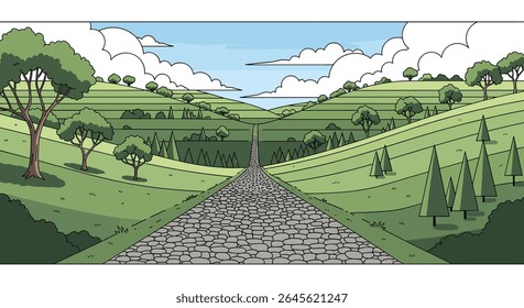 A Person Walks Down a Scenic Country Road Lined with Trees and Hills