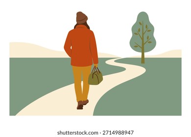 La persona camina por un camino sinuoso, llevando una bolsa de lona. Traje de Clima fresco. Árbol solitario en paisaje tranquilo.