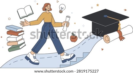 A person walks up a path towards a graduation cap and diploma, carrying a diploma and surrounded by books, representing education and achievement.