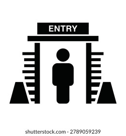 A person walks through a security gate with an entry sign above