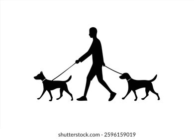 A person walks two dogs on leashes through a park. The setting features a clear sky and a relaxed atmosphere, capturing the joy of outdoor activities with pets.