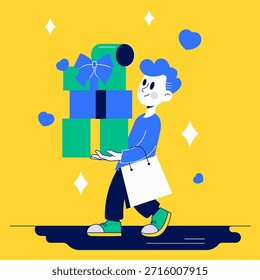 Una persona camina mientras equilibra una pila alta de regalos de vacaciones. El personaje sostiene bolsas de compras en una mano y parece enfocado. El fondo es brillante y colorido.