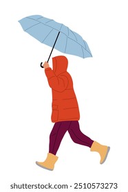 Persona en ropa de otoño caliente, chaqueta de plumón, caminando con paraguas en Clima lluvioso. Personaje de dibujos animados que sostiene la sombrilla en la lluvia fría, ducha.  Ilustración vectorial plana aislada sobre fondo blanco