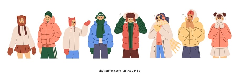 Person in warm clothing. Winter fashion. Urban outfit with hat. Cap and scarf. People in seasonal clothes. Human headwear. Happy man face. Shivering woman. Young characters outwear apparels vector set