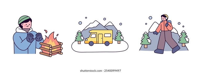 A person warming his hands by a campfire and a person hiking in a camping car in the snowy winter nature.