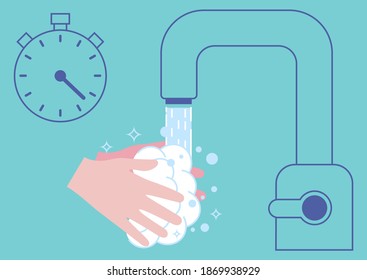 Person washing hands carefully with soap foam for 20-30 seconds under running water to prevent coronavirus infection. Washing hands with soap. Everyday hygiene essentials. Vector illustration