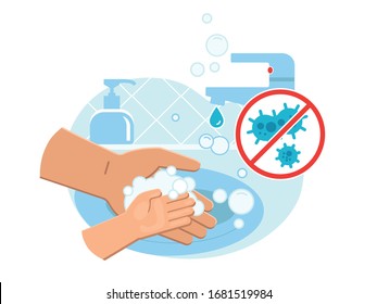 Person Washing Hands With The Kid In Sink Carefully With Lot Of Soap Foam From Dispenser Close Up. Everyday Hygiene Care. Safety During COVID-19 Pandemia. Coronavirus And Infections Prevention.