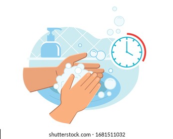 Person washing hands in sink carefully with soap foam from dispenser for 20-30 seconds to prevent coronavirus infection close up. Everyday hygiene essentials. Safety during COVID-19 pandemia.