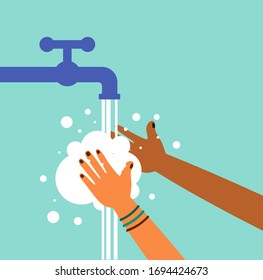 Person washing hands with their kid in sink carefully with lot of soap foam. Everyday hygiene care. Safety during COVID-19 pandemia. Coronavirus and infections prevention.