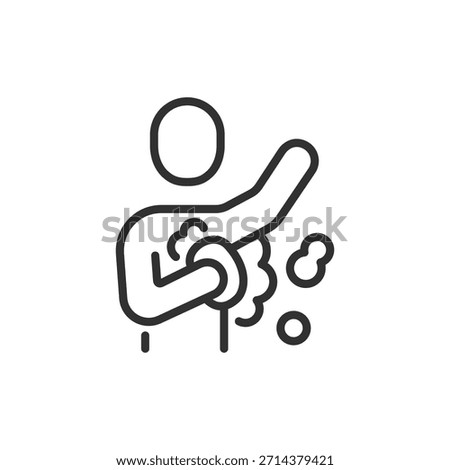 Person washing with sponge, linear icon. Shower hygiene and body care. Line with editable stroke.