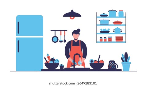 Uma pessoa lavando verduras em uma pia de cozinha rodeada por produtos frescos e utensílios de cozinha em prateleiras