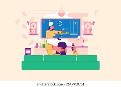 Person watch favorite television show on tv, home chill vector illustration. Streaming, channel, program flat style. Entertainment concept