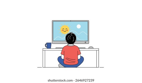 Person Watching a Happy Sun and Blue Sky on a Computer Screen Enjoying the View