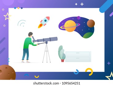 Person watching on space through telescope standing exploring something new, planets with stars in distance, plant placed by man vector illustration. Conceptual Web template.