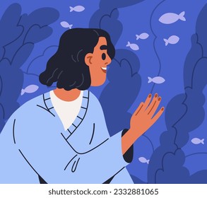 Person watching small fishes in water behind aquarium glass in oceanarium. Happy woman, excited girl looking underwater sea aquatic animals in tank in marine mammal park. Flat vector illustration