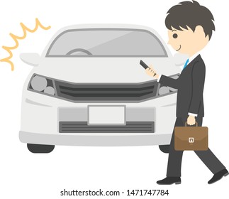 A person watching a smartphone while walking with car