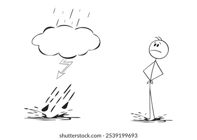 Person Watching Storm Cloud, Vector Cartoon Stick Figure Illustration. Unhappy person watching storm cloud , vector cartoon stick figure or character illustration..eps