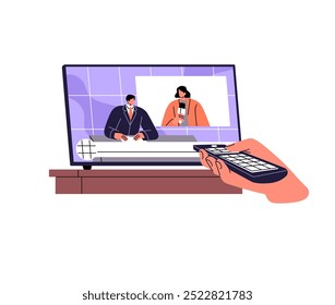 Person watching TV show, broadcast, breaking news, journalists' report, telecasts. Character changing channels with television remote in hand. Flat isolated vector illustration on white background.