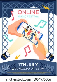 Person Watching Video Of Musical Band Performs In Concert. Online Music Festival Concept Poster