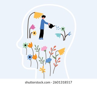 Person watering flower plant inside human shape area, conceptual illustration of wellness and self care