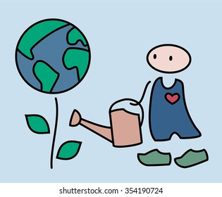 person watering a flower that represents earth