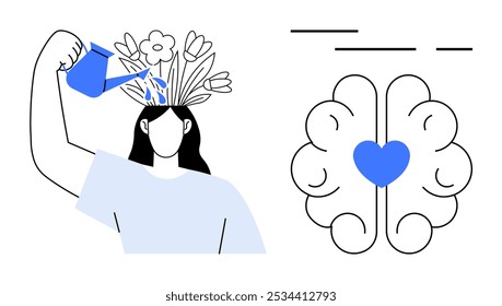 Person watering flowers growing from head with a brain and heart symbol next to it, Ideal for mental health self-care creativity wellbeing and positive thinking themes Minimalist artistic style