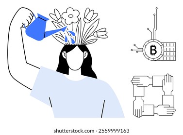 Person watering flowers growing from head symbolizes nurturing ideas. Includes blockchain symbol and hands creating square. Ideal for creativity, mindset, innovation, teamwork, technology. Simple