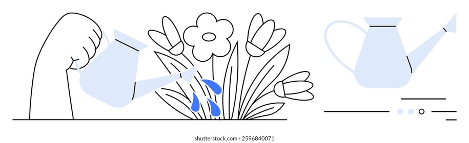 Person watering flowers using a watering can, with blue water drops on blossoms. Watering can close-up shows detailed spout and handle. Ideal for gardening, growth, nature, nurturing, environment