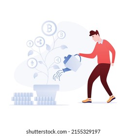 Person Watering Money Plant, Concept Of Cryptocurrency Investment Flat Illustration 

