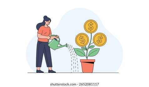 Person watering a plant with coins as flowers symbolizing financial growth and investment success