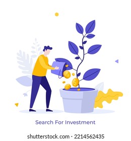 Person watering plant growing in pot with bucket full of dollar coins. Concept of search for investment, startup project funding, investing money in business. Flat vector illustration for poster.