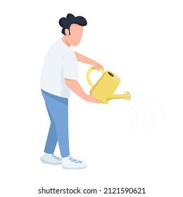 Person with watering pot semi flat color vector character. Standing figure. Full body person on white. Houseplants care simple cartoon style illustration for web graphic design and animation