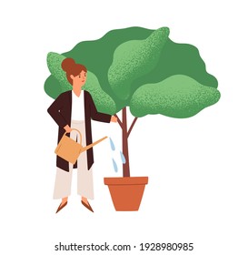 Person watering potted plant. Woman growing and cultivating tree. Businesswoman investing in business growth, career and success concept. Colored flat vector illustration of investor isolated on white