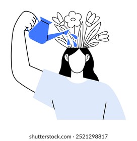 Una persona riega las flores florecientes que crecen de su cabeza con una regadera. Ideal para el cuidado personal, el crecimiento personal, la salud mental, la auto-mejora, el bienestar. Minimalista, Arte vectorial.