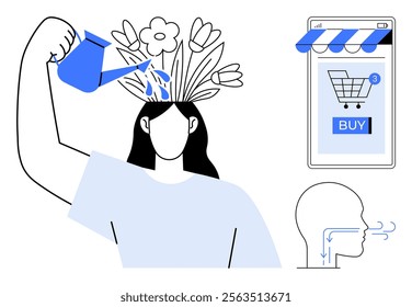 A person waters flowers growing from their head, symbolizing personal growth and mental wellness. A smartphone screen highlights online shopping, and a profile shows breathing exercises for