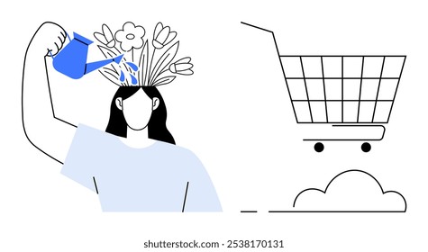 A person waters flowers sprouting from their head, symbolizing personal growth. Nearby, a shopping cart suggests consumerism. Ideal for mental health, personal development, well-being, self-care