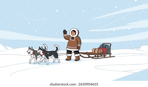 A person waves while standing beside a sled pulled by dogs in a snowy landscape with mountains in the background